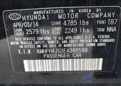 2014 Hyundai Azera Limited from USA, damaged, VIN KMHFH4JG3EA388599